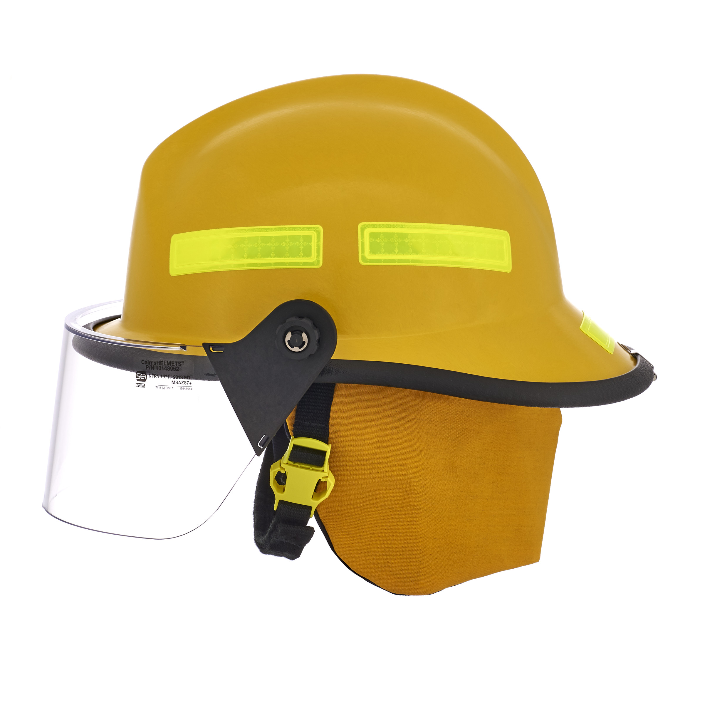 Cairns 664, Yellow, 4“ Standard Faceshield, Standard Flannel Liner, Nomex Earlap, Nomex Chinstrap w/ Quick Release & Postman Slide, Lime/Yellow Reflexite, Bar